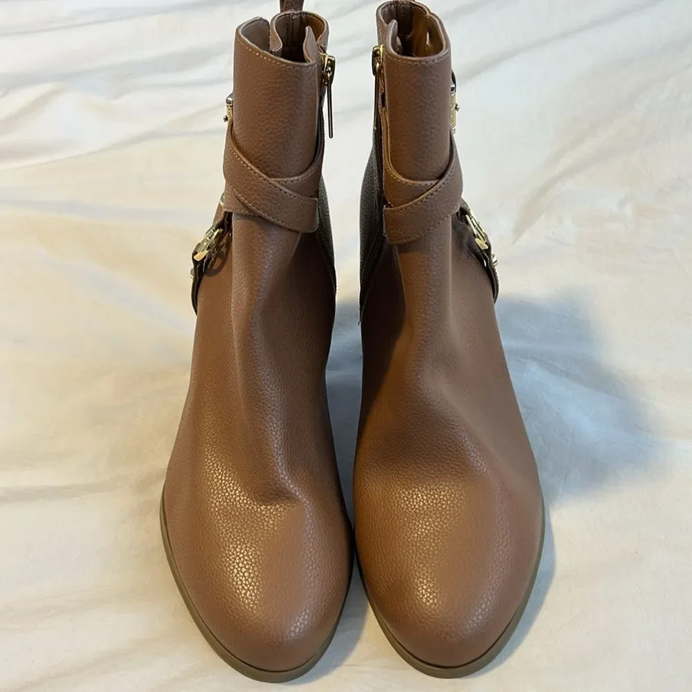 MICHAEL Michael Kors Brown Faux Pebbled Leather Buckle Accent Ankle Boots 9.5